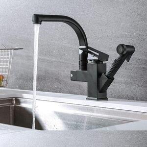 Rubinetto da cucina - Nero, doccetta estraibile, bocca flessibile, acqua calda/fredda, finitura cromata argento