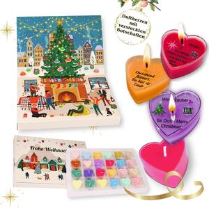 Candele profumate del calendario dell'Avvento - 24 tealight a cuore in cera di soia con messaggi nascosti, 24 fragranze invernali, confezione regalo per donne, durata di combustione circa 2-4h