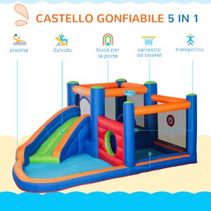 Outsunny Castello Gonfiabile per Bambini 3-8 Anni con Scivolo, Trampolino e Piscina, 380x340x170cm