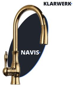 KLARWERK® NAVIS | Rubinetto da cucina estraibile in acciaio inossidabile, finitura oro lucido | Miscelatore ad arco alto | Rubinetto ad alta pressione, orientabile a 360°, 2 attacchi