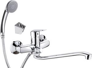 Wall-mounted washbasin mixer with extended spout - hose and shower set connection