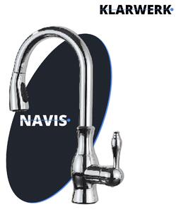 KLARWERK® NAVIS | Rubinetto da cucina estraibile in acciaio inossidabile, finitura cromata lucida | Miscelatore ad arco alto | Rubinetto ad alta pressione, orientabile a 360°, 2 attacchi