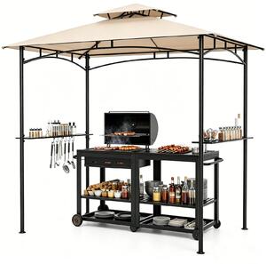 KOMFOTTEU: gazebo per barbecue da 242 x 150 cm, tettoia a due piani con 2 ripiani, 6 ganci e struttura in metallo; tettoia per barbecue per giardino, prato, terrazza o piscina