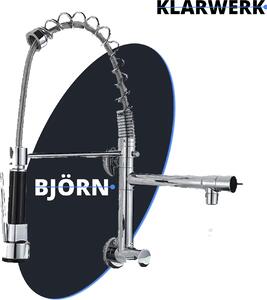 KLARWERK® Björn | Rubinetto per acqua fredda da parete per la ristorazione, cromato | Rubinetto da cucina in acciaio inossidabile con due doccette | Rubinetto per doppio lavello da ristorante
