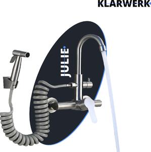 KLARWERK® Julie | Rubinetto da cucina a parete, finitura argento spazzolato | Rubinetto da cucina professionale in acciaio inossidabile con doccetta | Rubinetto con 2 doccette e bocca alta