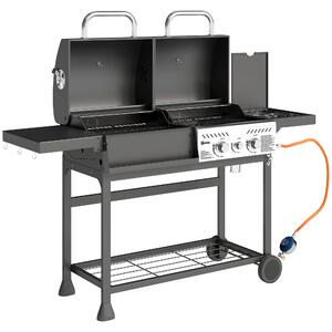 Outsunny Barbecue a Carbone e Gas con 3 Bruciatori e Coperchio, Termometro, Ruote e Ripiani, Nero