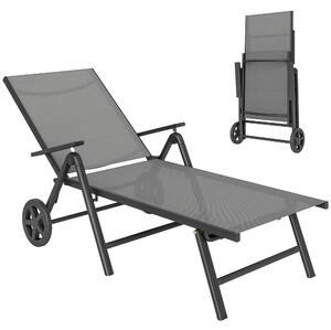 Outsunny Lettino Sdraio Pieghevole e Reclinabile in 5 Posizioni con Rotelle, in Metallo e Textilene, 72x158x84 cm, Grigio