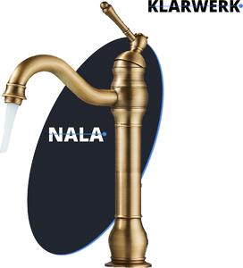 KLARWERK® NALA | Rubinetto da bagno alto in stile vintage per hotel, finitura ottone dorato spazzolato | Rubinetto in acciaio inossidabile per lavabi alti | Miscelatore a 2 vie