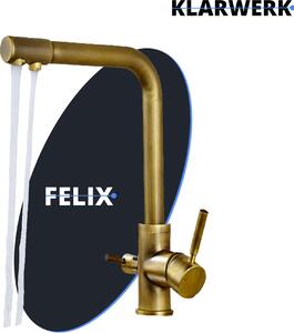 KLARWERK® Felix | Miscelatore retrò a 3 vie in acciaio inossidabile e ottone dorato | Filtro per acqua potabile, rubinetto da cucina | Miscelatore a osmosi a 360° con bocca a U e 3 attacchi
