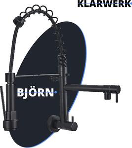 KLARWERK® Björn | Rubinetto per acqua fredda da parete per la ristorazione, nero | Rubinetto da cucina in acciaio inossidabile con due doccette | Rubinetto per doppio lavello da ristorante