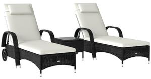 Outsunny Set 2 Lettino Sdraio da giardino Prendisole in Rattan con Materassino Imbottito e Tavolino, Nero|Aosom.it