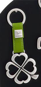 Portachiavi in Argento QUADRIFOGLIO con cinturini in Pelle Verde 7x11cm in scatola regalo , bomboniera