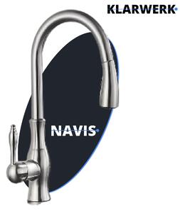 KLARWERK® NAVIS | Rubinetto da cucina estraibile in acciaio inossidabile, finitura argento spazzolato | Miscelatore ad arco alto | Rubinetto ad alta pressione, orientabile a 360°, 2 attacchi