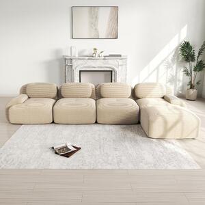 Divano angolare beige a 4 posti, con chaise longue, modulare, senza struttura a vista, imbottitura in schiuma 32D, rivestito in tessuto corduroy, dimensioni 388x178x70 cm