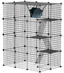 Gabbia per Gatti Grande a 4 Livelli 105x70x140 cm con Struttura Personalizzabile Rampe e Amaca per 1-3 Gatti in Acciaio e PP Nero