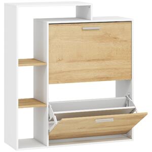 HOMCOM Mobile Portascarpe con 2 cassetti ribaltabili e ripiani, Bianco e Legno Naturale | Aosom Italy