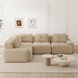 Divano modulare componibile, senza telaio, 4 posti, seduta profonda, divano ad angolo, rivestito in tessuto beige, da assemblare senza montaggio, dotato di piedini antiscivolo, dimensioni: 295x206x69 cm