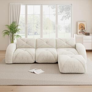 Divano modulare a 3 posti, color beige chiaro, divano angolare a forma di L con poggiapiedi, tessuto in chenille delicato sulla pelle, senza struttura a vista, dimensioni 281x171x76 cm, ideale per il soggiorno