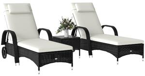 Outsunny Set 2 Lettino Sdraio da giardino Prendisole in Rattan con Materassino Imbottito e Tavolino, Nero|Aosom.it