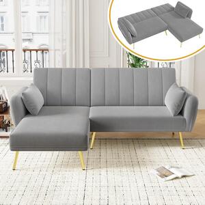 Divano angolare con funzione letto, divano letto a forma di L, rivestito in velluto grigio, divano a 3 posti con schienale regolabile e tasche laterali, dimensioni 191,5x130,5 cm