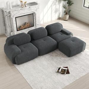 Divano angolare modulare grigio, rivestito in tessuto corduroy, senza struttura, non richiede montaggio, dimensioni 298x178x70 cm, imbottitura in schiuma ad alta densità (32D), ideale per chi ha animali domestici grazie alle ampie braccioli