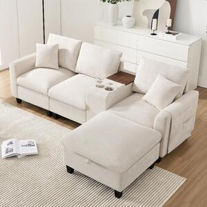 Divano ad angolo a forma di L, modello Cord, 4 posti, color beige, con poggiapiedi. Divano modulare con porta USB e portabicchieri, dotato di spazio contenitivo. Dimensioni: 229x149,5x83 cm