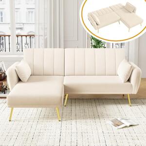 Divano angolare con funzione letto, divano a forma di L color beige, divano in velluto a 3 posti con schienale regolabile e tasche laterali, dimensioni 191,5x130,5 cm