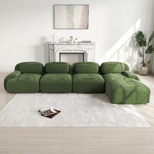 Divano angolare verde, a 4 posti, modulare, rivestito in tessuto corduroy, con chaise longue, dimensioni 388x178x70 cm, senza struttura a vista, combinabile a piacimento per il soggiorno