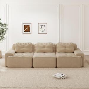 Divano modulare Cloud beige, divano profondo a 3 posti realizzato in tessuto cord resistente ai graffi, divano angolare di dimensioni generose, senza necessità di montaggio, dimensioni 293x104x69 cm