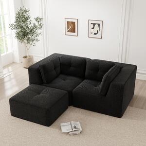 Divano angolare modulare nero, divano a forma di L rivestito in tessuto corduroy, divano componibile da 2 posti, divano con poggiapiedi regolabile, dimensioni 208x177x69 cm