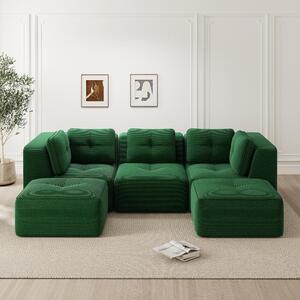 Divano modulare "Cord" verde, divano ad angolo con poggiapiedi, 3 posti, dimensioni 297x177 cm, seduta profonda, resistente ai graffi e senza necessità di montaggio, divano per soggiorno