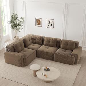 Divano angolare modulare marrone, 4 posti, divano basso senza struttura, rivestito in tessuto corduroy, non richiede montaggio, design antiscivolo, ideale per il soggiorno, dimensioni 295x206x69 cm