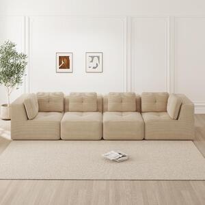 Divano da soggiorno modulare a quattro posti, rivestito in corda, angolare, color beige, con seduta profonda, design antiscivolo, da montare, dimensioni 386x104x69 cm