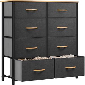 Comodino con 8 cassetti rivestiti in tessuto, struttura in metallo, piano in legno, colore grigio scuro, dimensioni 86x30x90 cm
