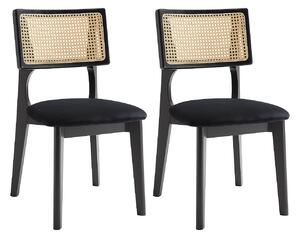 Set di 2 sedie in velluto, effetto paglia di rattan e legno di gomma elastica di teak - Nero - CALENYA