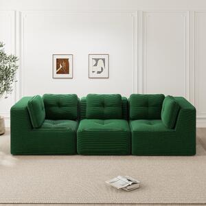 Divano modulare angolare verde in corda, senza struttura a vista. Divano a tre posti senza elementi aggiuntivi, con una profondità di seduta di 74 cm, dimensioni 297x104x69 cm