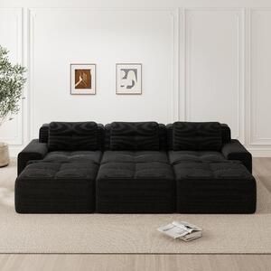 Divano angolare modulare con funzione letto e 3 poggiapiedi, divano corduroy nero a 3 posti, design senza struttura, ideale per il soggiorno, dimensioni 293x177x69 cm