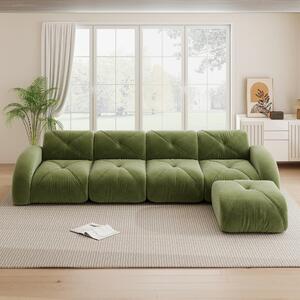 Divano modulare a forma di L, verde, divano angolare per quattro persone con poggiapiedi, rivestito in tessuto chenille, divano senza telaio e senza necessità di montaggio, dimensioni 358x171x76 cm