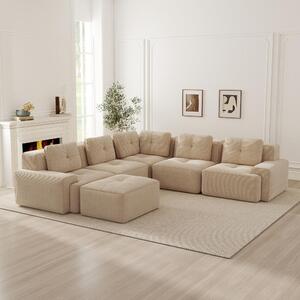 Divano modulare beige, 5 posti, divano basso senza struttura, rivestito in tessuto corduroy, divano ad angolo con poggiapiedi, antiscivolo, dimensioni 295x295x69 cm