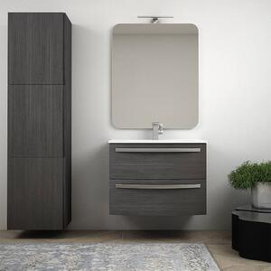 Mobile bagno moderno sospeso curvo 75 cm grigio scuro venato specchio lavabo ceramica e colonna 170 cm Serie Berlino