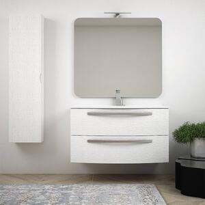 Composizione bagno sospesa moderna 100 cm bianco frassino con specchio colonna e lavabo ceramica Mod. Berlino