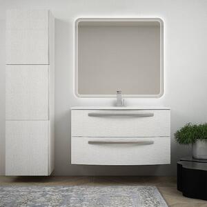 Mobile bagno bianco frassino sospeso moderno 100 cm con lavabo ceramica specchio retroilluminato e colonna Mod. Berlino