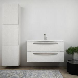 Mobile bagno bianco frassino sospeso curvo 100 cm con colonna tre ante e lavabo Mod. Berlino