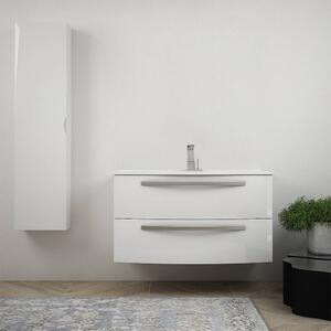 Mobile bagno curvo sospeso bianco lucido 100 cm con colonna e lavabo in ceramica Mod. Berlino