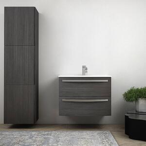 Mobile bagno moderno sospeso curvo 75 cm grigio scuro venato lavabo in ceramica e colonna 170 cm Serie Berlino