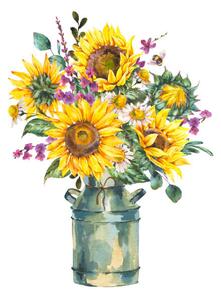 Fotografia Watercolor rustic farmhouse sunflower bouquet vintage, Varvara Kurakina