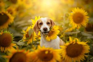 Fotografia Beagle in sunflower field, Iwona Wojtowicz / 500px