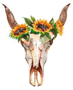 Fotografia Watercolor isolated bull's head with flowers, Helen_Field