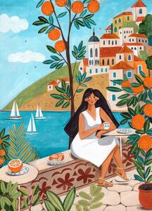 Illustrazione Travel poster woman in Mediterranean coast, Caroline Bonne Muller