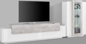 Soggiorno CORO: Porta TV + Vetrina Bianco Lucido con Elemento Cemento